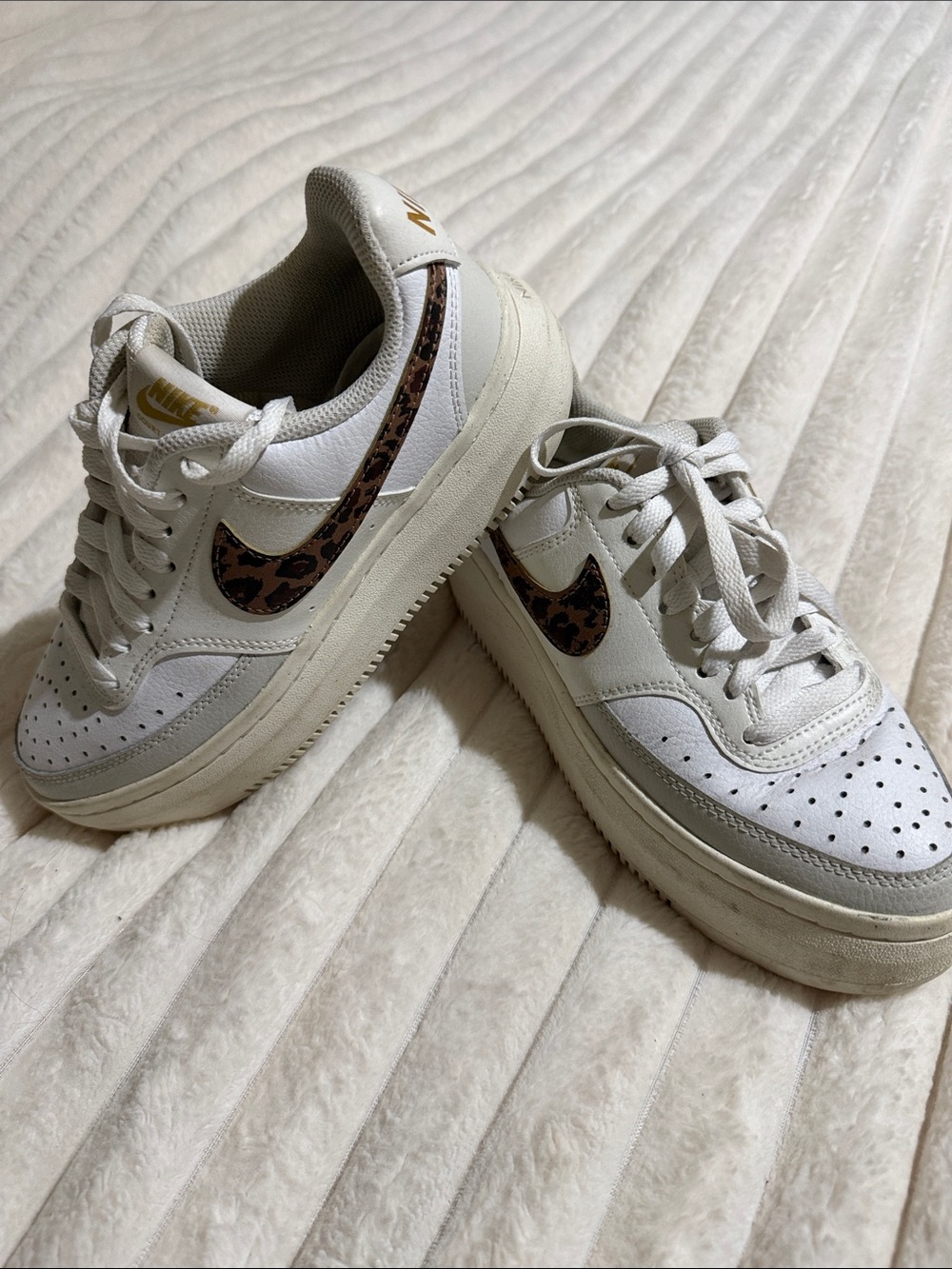 Nike leather White Sneakers with Leopard Swoosh and Gold Logo